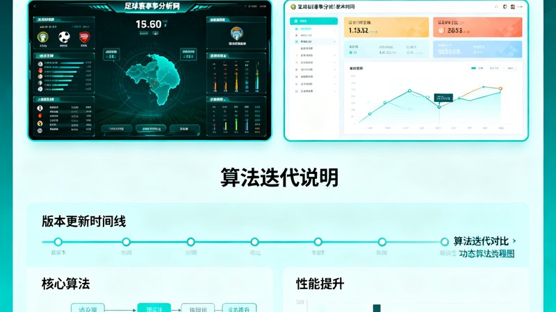 足球赛事分析网平台技术升级公告配图，展示新版数据看板界面与算法迭代说明图表